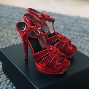 YSL tribute 135mm platform sandals red velvet
